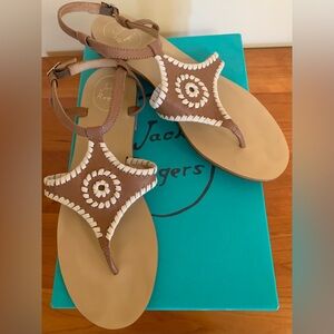 Jack Rogers Maci sandals in cognac brown with bone trim leather. Worn once!
